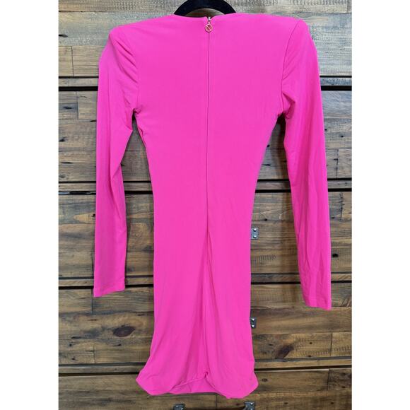 Nookie Dress Womens Small Neon Pink Envy Mini Long Sleeve Ruched Party Australia - Picture 2 of 10